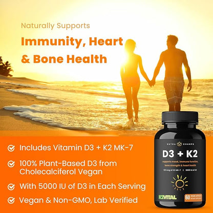 NutraChamps D3 with K2 MK7 Supplement for Heart & Bone Health | Vitamin D & K Complex | 5000 IU of Vitamin D 3 & 100 mcg of Vitamin K 2 MK-7 | 60 Vitamin K2 D3 Capsules