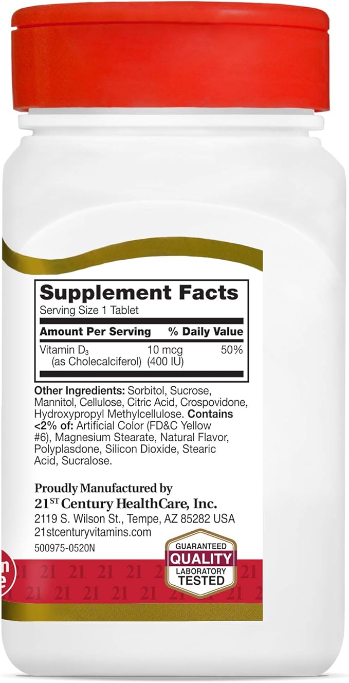 21st Century D3 400 IU Orange Chewable Tablets, Gluten Free, 110 Count (Pack of 3)