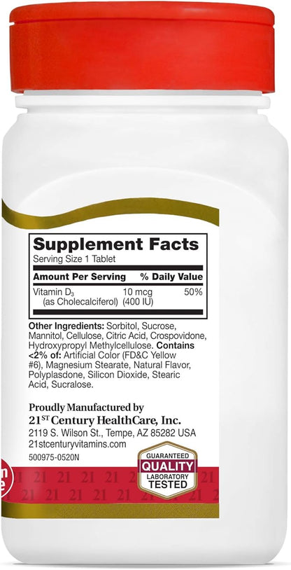21st Century D3 400 IU Orange Chewable Tablets, Gluten Free, 110 Count (Pack of 3)