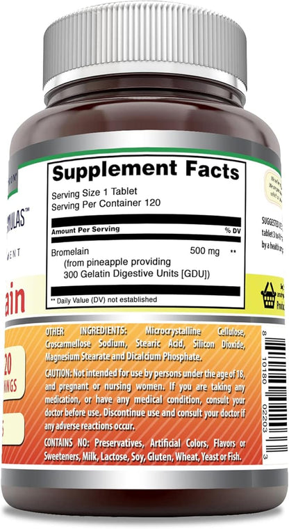 Amazing Formulas Bromelain 500 Mg Tablets Supplement | Non-GMO | Gluten Free | Made in USA (120 Count | 3 Pack)