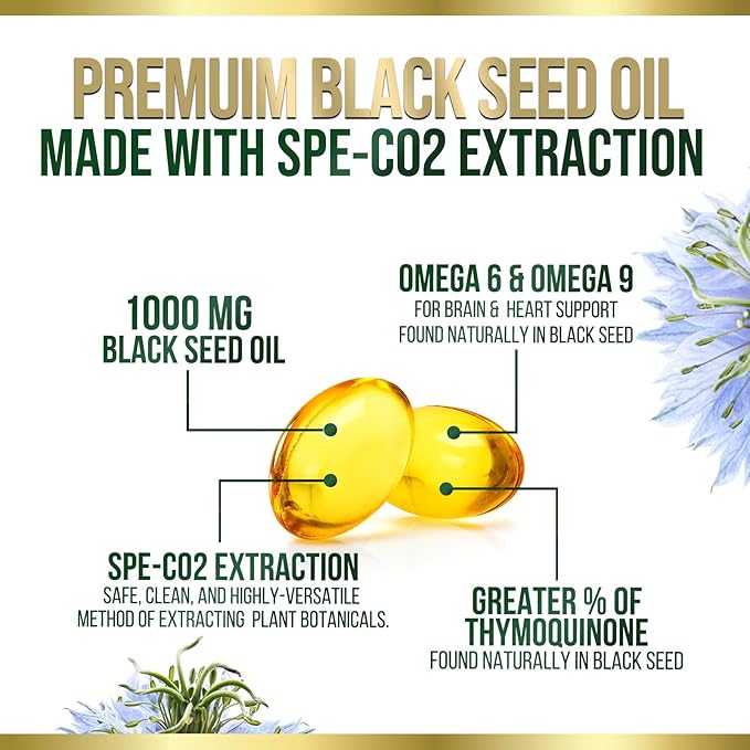 Black Seed Oil Softgels 1000mg - Premium Nigella Sativa Blackseed, Pure Natural Black Cumin Seed Oil & Antioxidant for Skin & Immune Support - Non GMO, Bottled in USA Supplement - 60 Softgels