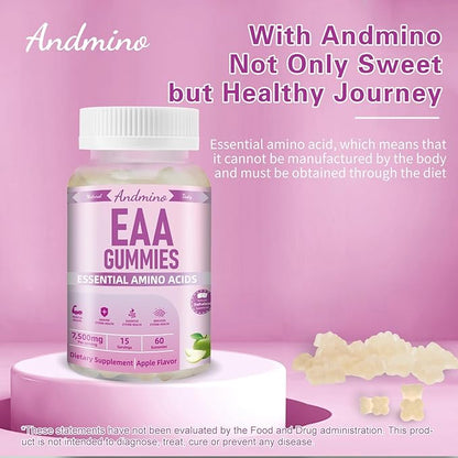 EAA Gummies 7500 mg, BCAA Gummies, Amino Acids Supplement for Muscle, Immune, Nervous & Digestive Health, for Adults & Kids, Non-GMO, Vegan, Gluten Free, Apple Flavor, 120