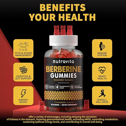 Berberine Gummies with Ceylon Cinnamon 1500mg High Potency Berberine HCL Supplement for Immune and Metabolism Support, Sugar Free Organic Berberine Gummies Strawberry Flavor-1PACK