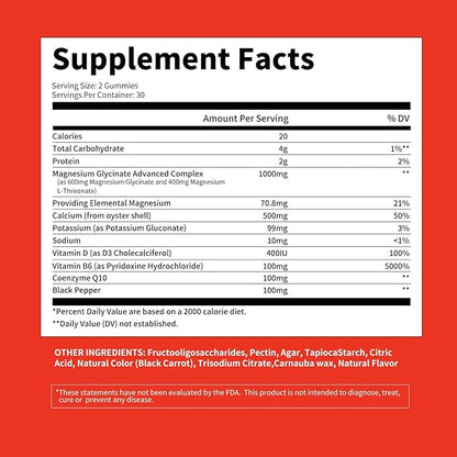 Magnesium Glycinate Gummies 1000mg - for Adults Magnesium Potassium Supplement with Vitamin D, B6, CoQ10 for Calm Mood & Sleep Support - 60 Strawberry Gummies -1 Pack