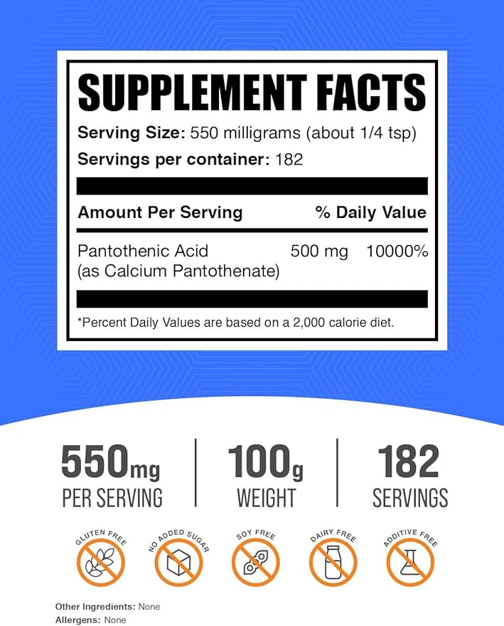 BulkSupplements.com Vitamin B5 Powder - as Calcium Pantothenate, B5 Vitamins - Gluten Free, 500mg of Vitamin B5 Pantothenic Acid per Serving, 100g (3.5 oz) (Pack of 1)