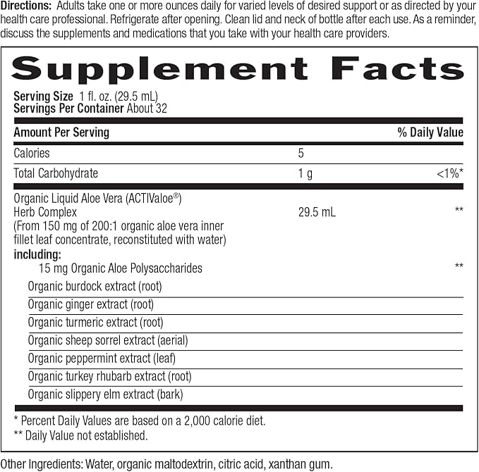 Country Life Realfood Organics Liquid Aloe Vera Plus - Supports Digestive Health & Immune System - with Slippery Elm, Ginger, Turmeric, Peppermint - Organic ACTIValoe, Qmatrix Process - 32 oz
