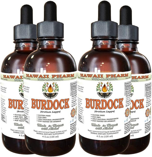 Burdock Alcohol-Free Liquid Extract, Organic Burdock (Arctium Lappa) Dried Root Glycerite Hawaii Pharm Natural Herbal Supplement 4x4 oz
