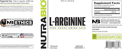 NutraBio L-Arginine Supplement, 750mg – Nitric Oxide Precursor, Supports Blood Flow, Vascular Health, and Muscle Growth- L Arginine Supplements for Men and Women- 120 Capsules