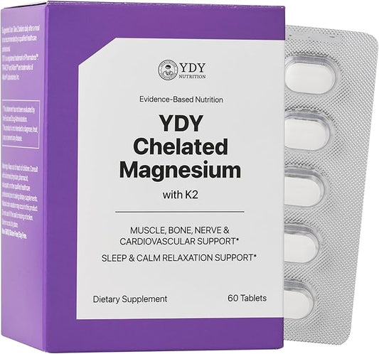 YDY Chelated Magnesium with K2 - Magnesium 200mg, Vitamin D3 25mcg, K2 100mcg - High Absorption, Supports Muscle, Bone, Nerve, Sleep - 60 Tablets