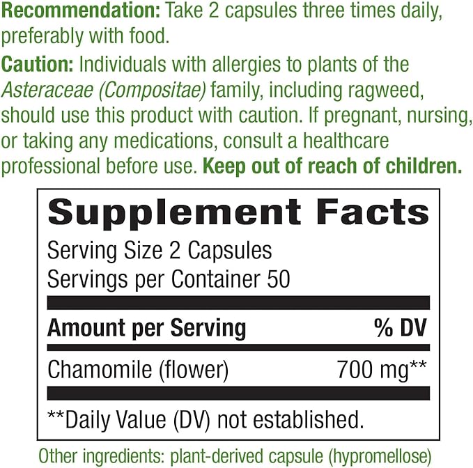 Nature's Way Chamomile Flower - 700 mg per 2-Capsule Serving- Traditional Calming Aid* - Herbal Supplement - Non-GMO Project Verified & Gluten Free - 100 Vegan Capsules