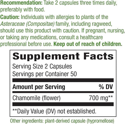 Nature's Way Chamomile Flower - 700 mg per 2-Capsule Serving- Traditional Calming Aid* - Herbal Supplement - Non-GMO Project Verified & Gluten Free - 100 Vegan Capsules