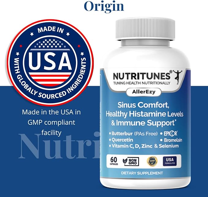 AllerEzy – Supports Healthy Histamine Levels, Sinus Comfort, and Immune Health with Butterbur, EpiCor, Quercetin, Bromelain, Vitamins C and D, Zinc, and Selenium – 60 Capsules