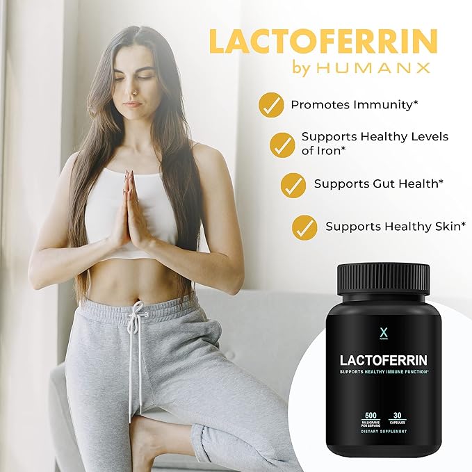 HUMANX Lactoferrin 500mg - Powerful Serving Size (Gluten Free, Non GMO, Soy Free Supplements) - A Component in Colostrum - USA Made, Supports Healthy Immunity, Iron Utilization & Absorption