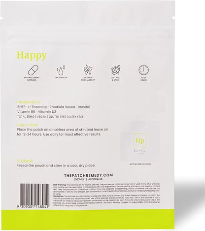 Happy Patches - Topical Stickers with 5-HTP, L-Theanine, Rhodiola Rosea, Inositol, Vitamin B6 & Vitamin D3 Transdermal Skin Sticker