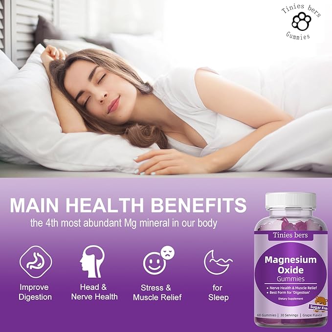 Magnesium Oxide Gummies 500mg, Sugar Free for Adults & Kids, Best Mg Form for ‘Digestion’, for Sleep, Nerve, Head Health, Muscle & Stress Relief, Gluten Free, Non GMO, Vegan, Pectin, 60