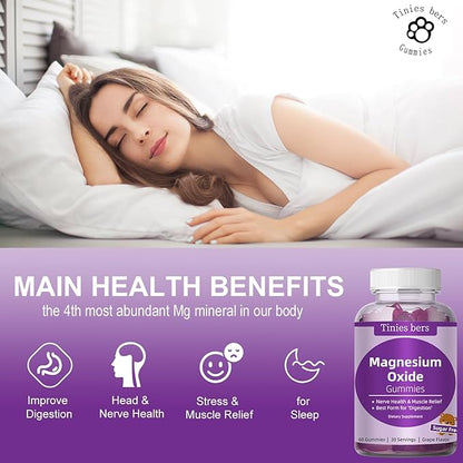 Magnesium Oxide Gummies 500mg, Sugar Free for Adults & Kids, Best Mg Form for ‘Digestion’, for Sleep, Nerve, Head Health, Muscle & Stress Relief, Gluten Free, Non GMO, Vegan, Pectin, 60
