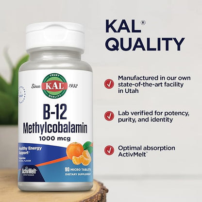 KAL Vitamin B12 Methylcobalamin 1000mcg, Healthy Energy, Metabolism, Nerve & Red Blood Cell Support,* Fast Dissolve ActivMelt, Optimal Absorption, Natural Tangerine Flavor, 90 Servings, 90 Micro Tabs