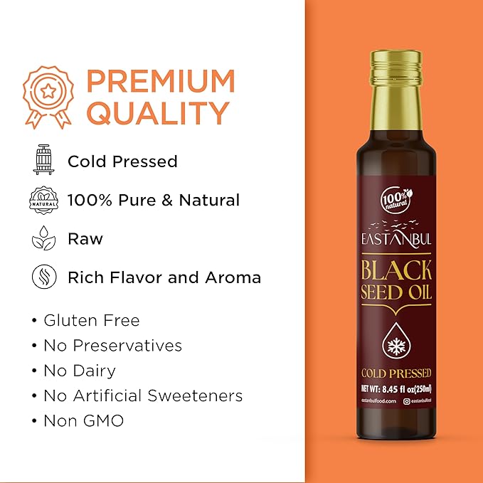 Eastanbul Cold Pressed Black Seed Oil, 8.45 Fl Oz, Premium Black Seed Oil Liquid, 100% Turkish Pure Blackseed, AKA Aceite De Semilla Negra, Kalonji, Nigella, Natural, Vegan