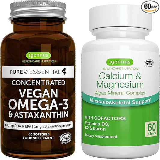 Vegan Omega-3 + Calcium & Magnesium Complex Vegan Bundle, Sustainable EPA & DHA Algae Oil 1340mg + 2:1 Plant Based Algae Mineral Complex, by Igennus