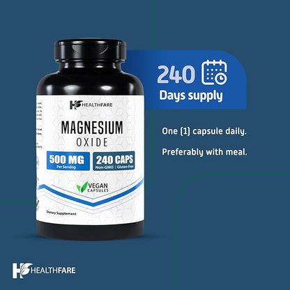 Magnesium Oxide 500mg | 240 Veg Capsules | High-Absorption Formula | Naturally Sourced | Made in The USA