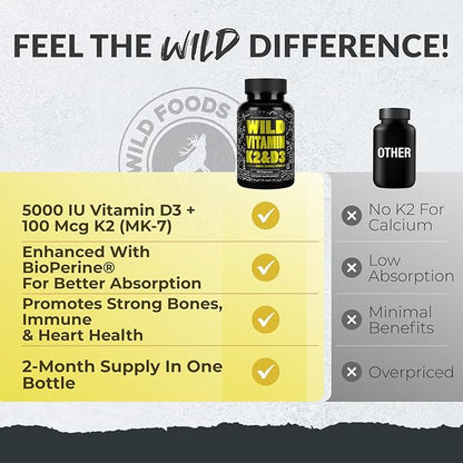 Wild Foods 5000iu Vitamin D3 + K2 | (100mcg Mk7) with Black Pepper Extract, Plant-Based, Non-GMO, Soy & Gluten-Free | Dietary Supplement | Made in USA | 60 Caps (Pack of 2)