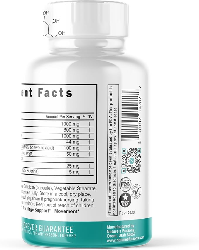 Nature's Fusions Glucosamine Chondroitin MSM Turmeric Boswellia - Joint Support Supplement - 120 Capsules - Chondroitin Sulfate Capsules - with Hyaluronic Acid - Supports Healthy Bones