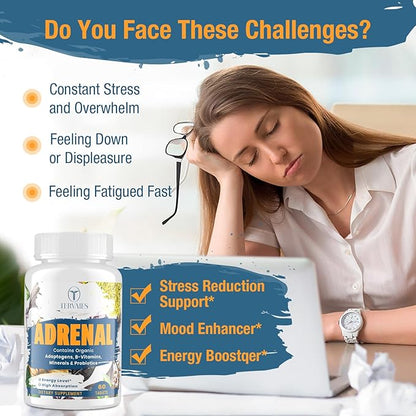 Adrenal Support Adaptogens Herbs Supplements - Cortisol Supplement with Rhodiola Rosea, Ashwagandha, Holy Basil and Eleuthero-Mood and Energy Support for Women & Men-Non-GMO, 120 Vegan Tablets