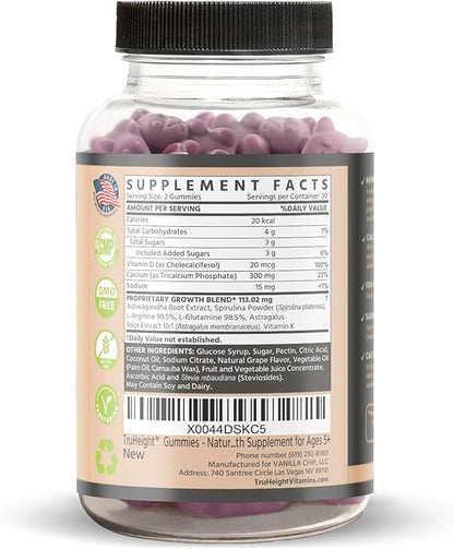 TruHeight Growth Gummies (Grape) Natural Growth & Development Supplement for Kids & Teens - Vitamin D, K, Calcium & Ashwaganda - Bone Strength Vitamins - Picky Eater Vitamin for Kids - Ages 5+