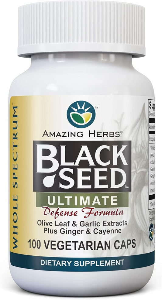 Amazing Herbs Whole Spectrum Black Seed Ultimate, Vegetarian Capsules - Olive Leaf & Garlic Extracts Plus Ginger & Cayenne, Gluten Free, Non GMO, Vegan - 100 Count