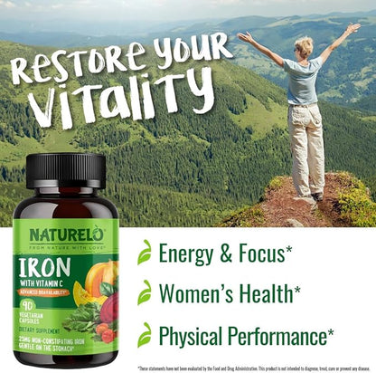 NATURELO Vegan Iron Supplement with Vitamin C and Organic Whole Foods - Gentle Iron Pills for Women & Men with Iron Deficiency Including Pregnancy, Anemia and Vegan Diets - 90 Mini Capsules