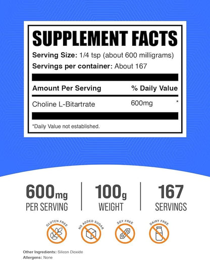BulkSupplements.com Choline Bitartrate Powder - as Choline L-Bitartrate, Choline Supplement - Gluten Free, 600mg per Serving, 100g (3.5 oz) (Pack of 1)