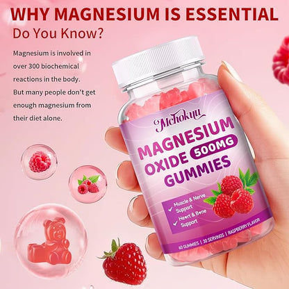 Magnesium Oxide Gummies 500mg, Sugar Free Chewable Magnesium Oxide Supplement for Adults & Kids, Nerve Support & Energy Boost, Non-GMO, Raspberry Flavor, 120 Count