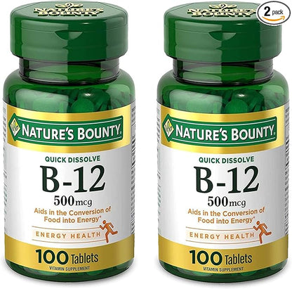 Nature's Bounty Vitamin B12, Supports Energy Metabolism and Nervous System Health, 500mcg, Tablets, 100 Ct (Pack of 2)