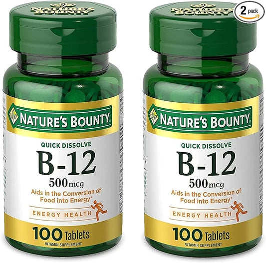 Nature's Bounty Vitamin B12, Supports Energy Metabolism and Nervous System Health, 500mcg, Tablets, 100 Ct (Pack of 2)