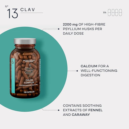 Psyllium Husks Capsules - 2200mg Soluble Fiber Supplement per Serving - Colon Complex with Fennel, Caraway Extract & Calcium - 120 Vegan Capsules - Made in Germany