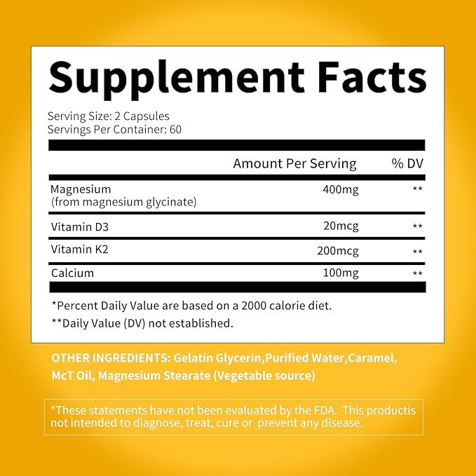 Magnesium Supplement Softgels, Easy Absorption Magnesium Glycinate 400mg with D3 & K2, High Bioavailability Magnesium for Sleep & Calm Support, Nervous, Muscle & Bone Health