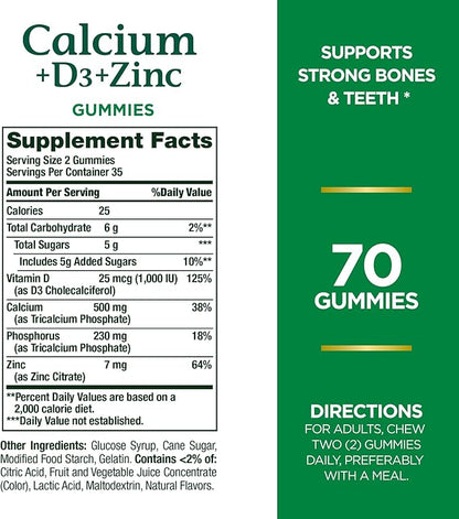 Nature's Bounty Calcium + D3 + Zinc Gummies, Supports Strong Bones & Teeth Plus a Healthy Immune System, 500mg, Orange and Cherry Flavored, 70 Gummies