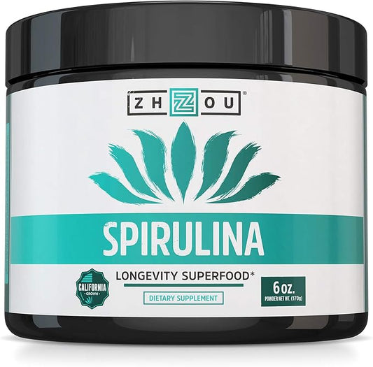 Zhou Spirulina Powder, Nutrient Rich Superfood, California Grown, 100% Pure, Vegan, Gluten Free, Non-GMO, Non-Irradiated, Perfect for Smoothies, Juices, 48 Servings, 6 oz