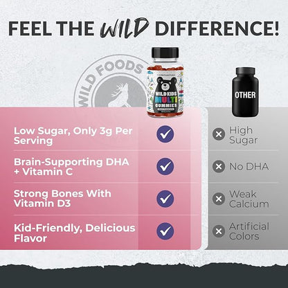 Wild Foods Kids Multivitamin Gummies – Natural Skin, Immune & Bones Support with Kids Vitamins A, C, D, E, B12, Iron & DHA – Probiotics & multivitamin for Growth – 60 Flavored Gummies