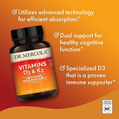 Dr. Mercola Vitamins D3 & K2 - Supports Immune, Brain, Cardiovascular, Respiratory & Bone Health - GMO-Free, Gluten-Free & Soy-Free - 30 Capsules (30 Servings)