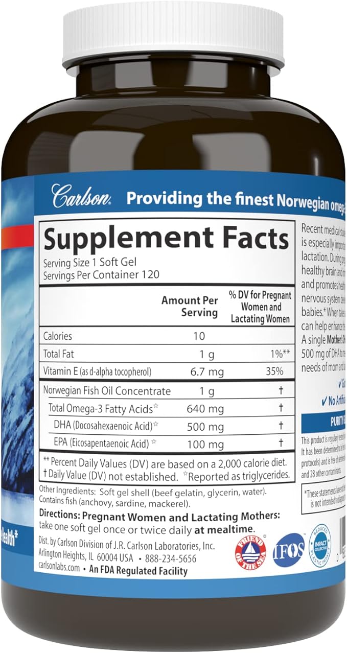 Carlson - Mother's DHA, 500 mg DHA, Prenatal Support, Fetal Development & Immune Health, 120 Softgels