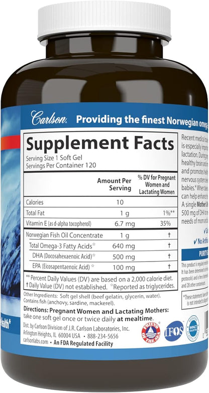 Carlson - Mother's DHA, 500 mg DHA, Prenatal Support, Fetal Development & Immune Health, 120 Softgels