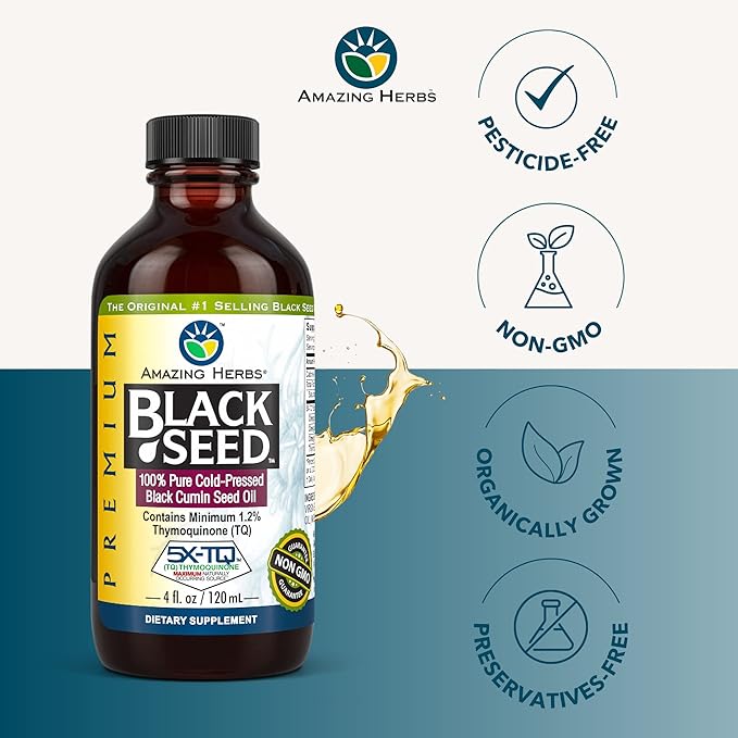 Amazing Herbs Premium Black Seed Oil - Gluten Free, Non GMO, Cold Pressed Nigella Sativa Aids in Digestive Health, Immune Support, Brain Function, Joint Mobility - 4 Fl Oz (Pack of 2)