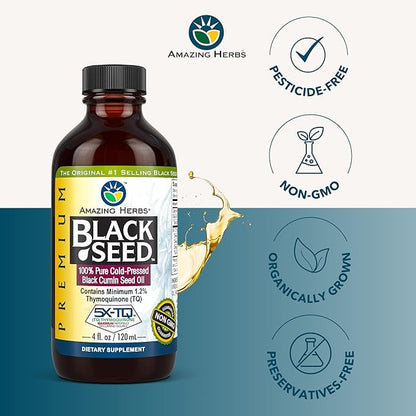 Amazing Herbs Premium Black Seed Oil - Gluten Free, Non GMO, Cold Pressed Nigella Sativa Aids in Digestive Health, Immune Support, Brain Function, Joint Mobility - 4 Fl Oz (Pack of 2)