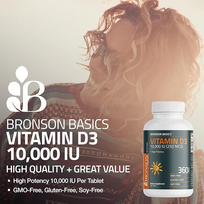 Bronson Vitamin D3 10,000 IU (250 MCG) for Healthy Muscle Function and Immune Support, Non-GMO, 180 Tablets