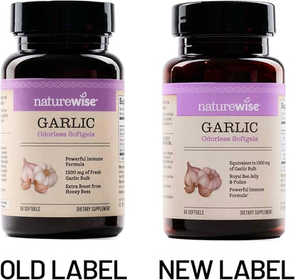NatureWise Odorless Garlic Pills 1500 mg - with Royal Bee Jelly & Pollen - Herbal Supplement for Heart Health + Immune System + Antioxidants - Gluten-Free, Non-GMO - 60 Softgels [2-Month Supply]