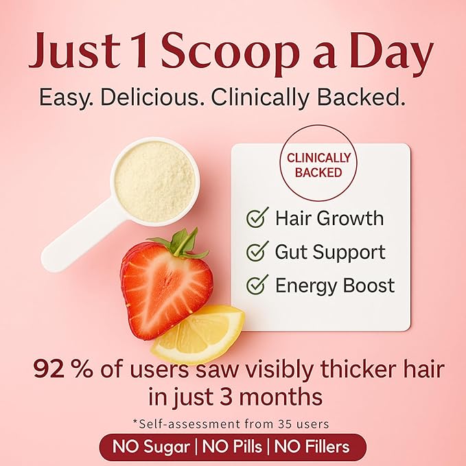 Follifuel Hair Growth Powder Drink Mix for Women & Men | 3-in-1 Hair, Gut & Energy Support | Biotin, Zinc, Caffeine & Saw Palmetto | Hair Vitamins for Thinning Hair | Strawberry Lemonade | 30 Servings