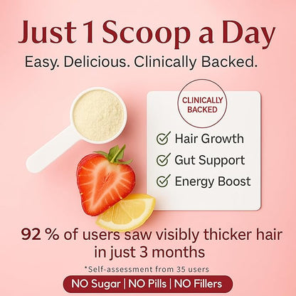 Follifuel Hair Growth Powder Drink Mix for Women & Men | 3-in-1 Hair, Gut & Energy Support | Biotin, Zinc, Caffeine & Saw Palmetto | Hair Vitamins for Thinning Hair | Strawberry Lemonade | 30 Servings