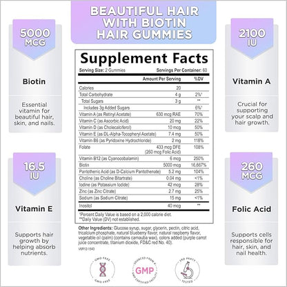 Hair Vitamins Gummies with Biotin 5000 mcg - Vitamin E, C & Zinc Support Hair Growth for Women & Men, Premium Vegetarian & Non-GMO, Stronger, Beautiful Hair, Skin & Nails Supplement - 120 Gummy Bears