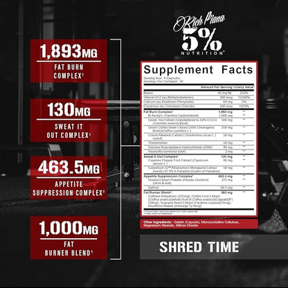 5% Nutrition Shred Time Fat Burner | Green Tea, Coffee Bean, Cayenne, Theobromine, GBB | Appetite Suppression | 30 Servings (180 Capsules)